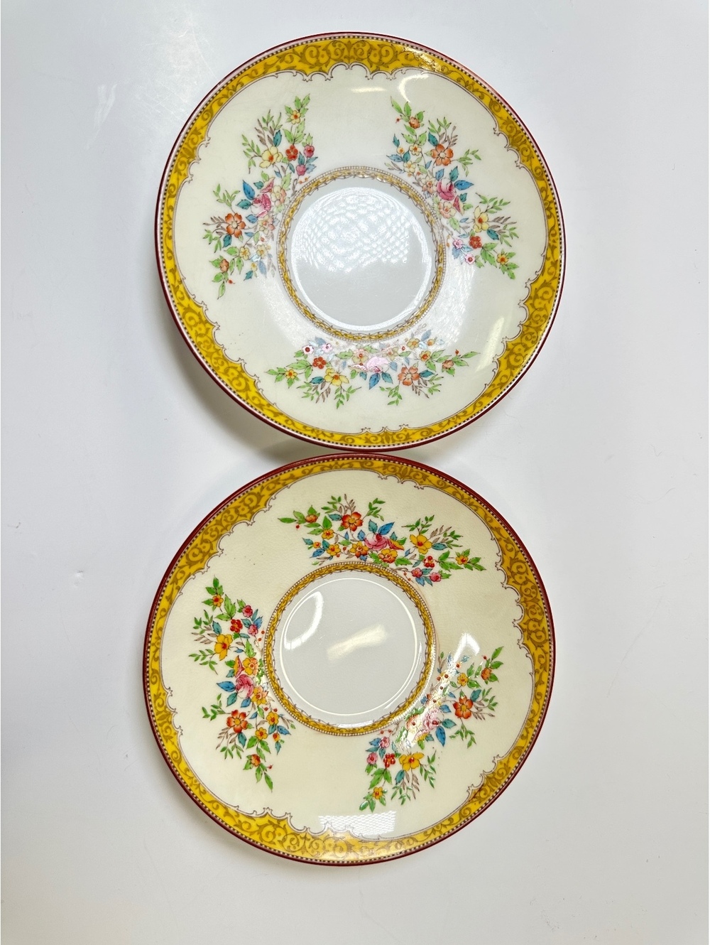Set Of 2 Antique 1920s Minton Warwick Yellow Hindhead Porcelain Saucers 6”